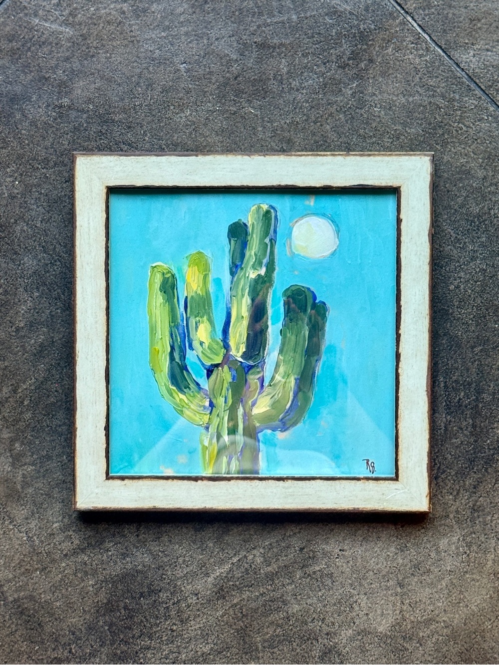 Original Framed Cactus Acrylic Painting in Turquoise and Green 10x10”
